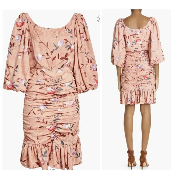 NWOT $229 By TiMo Ruched Floral Embroidered Jacquard Dress - Puff Sleeve Ruffles - Picture 1 of 10